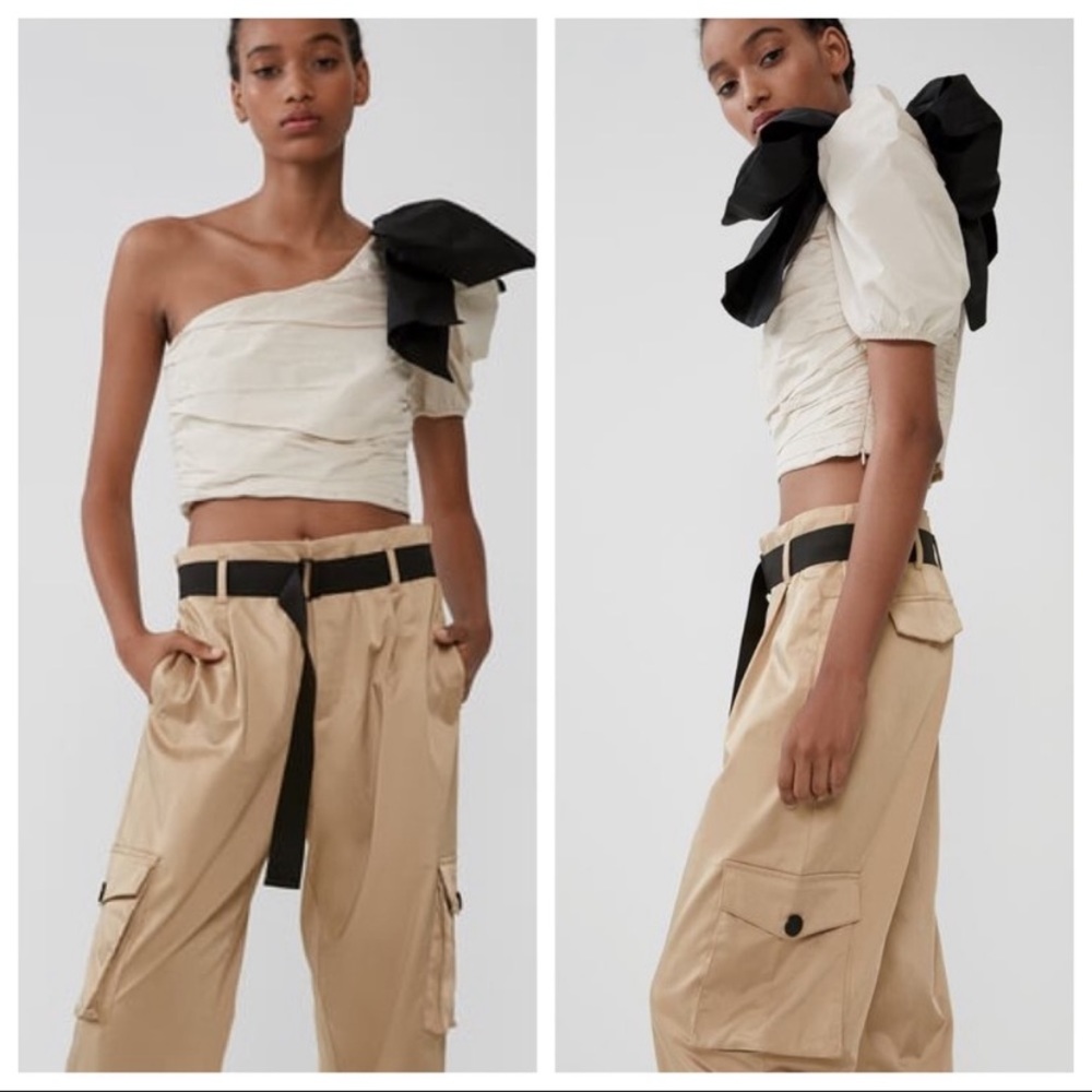 BOGO Zara Cream Pleated Top with Bow. Size Small. Sold out.